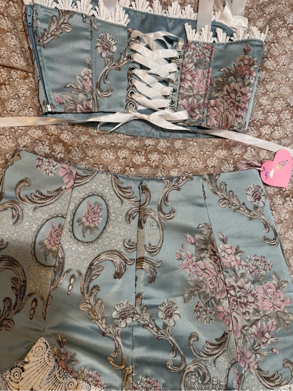 Floral Brocade Mini Skirt and Corset Ribbon Top in Light Blue with Lace Trim - Picture 5 of 5